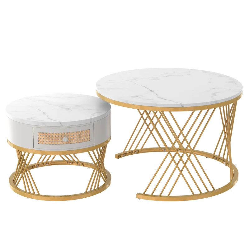 Ensemble de 2 tables basses gigognes rondes effet marbre blanc et rotin EGNIERS WHITE
