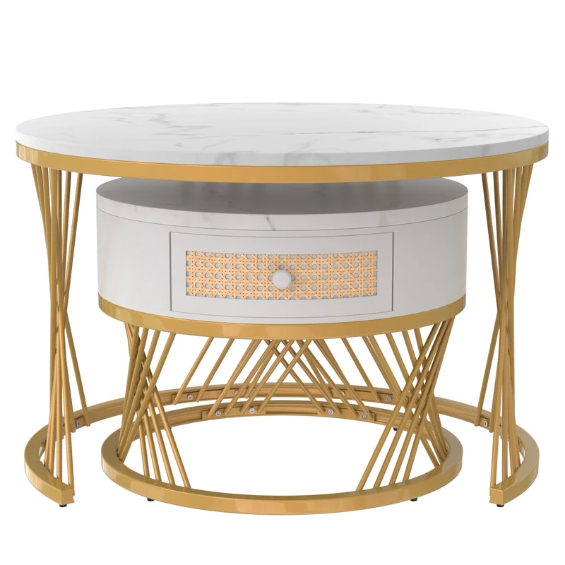 Ensemble de 2 tables basses gigognes rondes effet marbre blanc et rotin EGNIERS WHITE