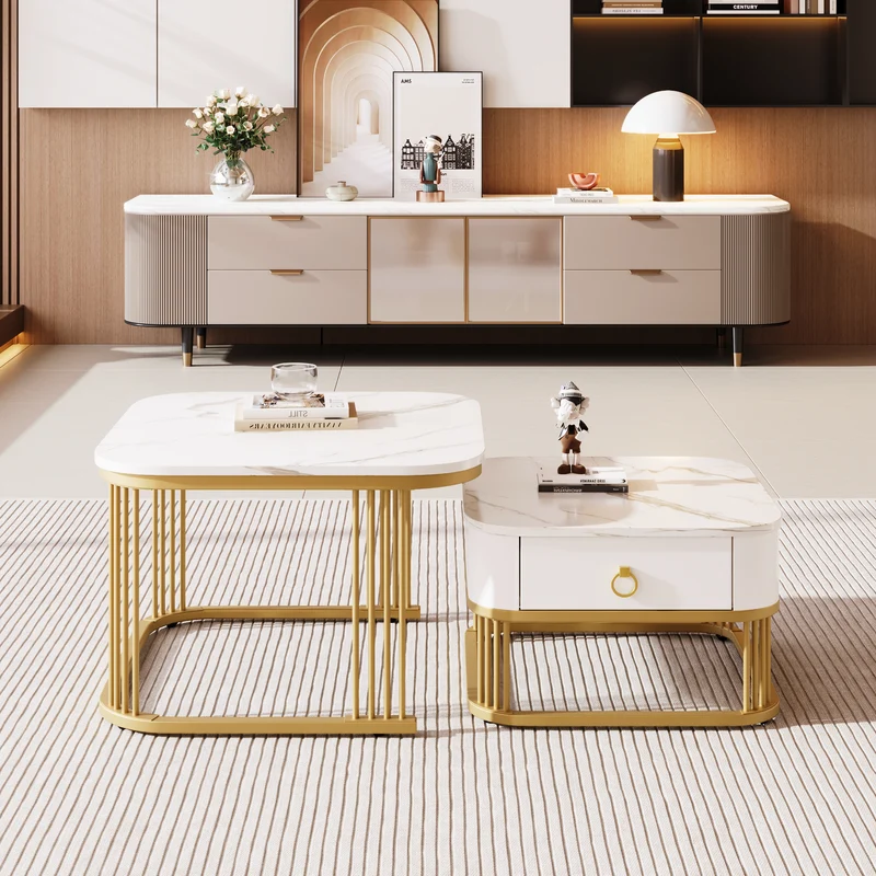 Ensemble de 2 tables basses gigognes carrées effet marbre blanc avec tiroir pieds dorés SHUGOK WHITE
