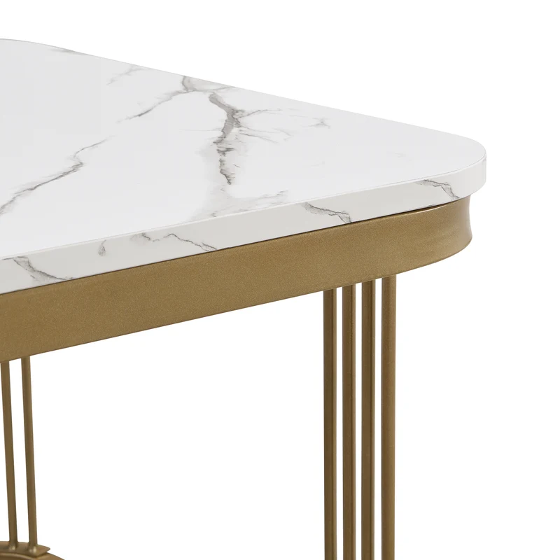 Ensemble de 2 tables basses gigognes carrées effet marbre blanc avec tiroir pieds dorés SHUGOK WHITE
