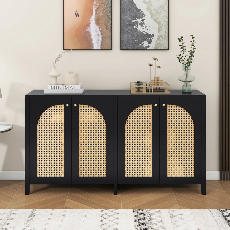 Buffet vintage noir 4 portes en rotin courbées UNNEL