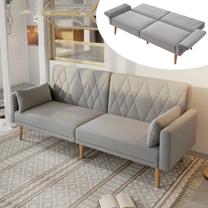 Canapé convertible 2 places en velours gris clair dossiers et accoudoirs réglables SCREVIDS