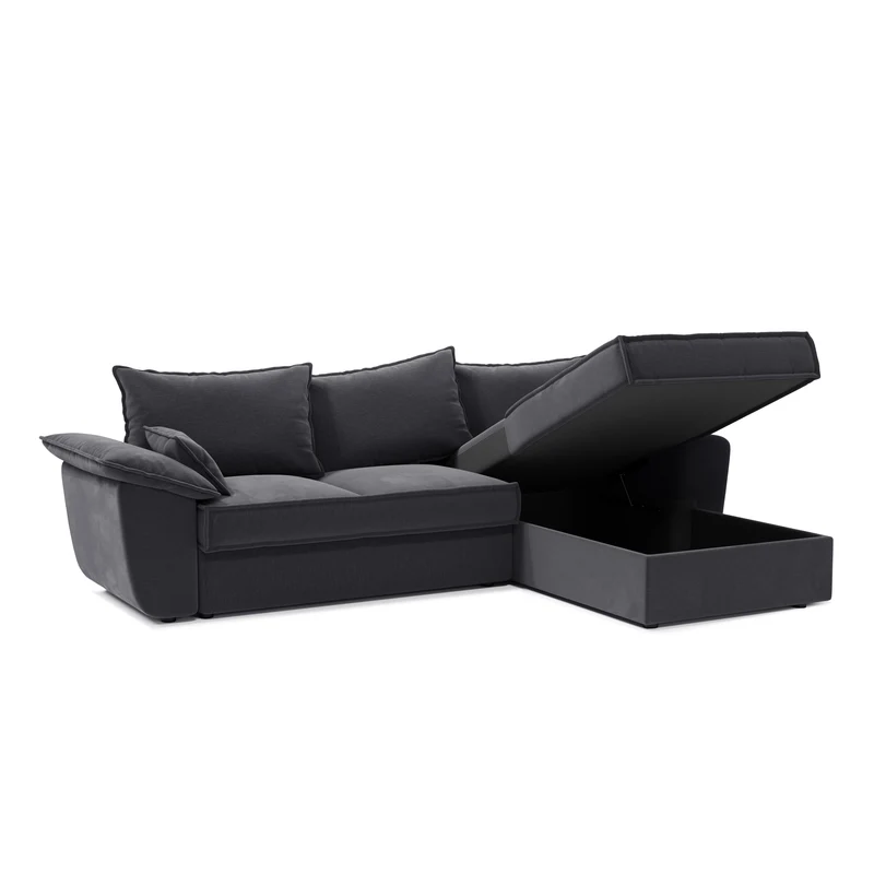 Canapé d'angle droit convertible SASHA Velours - Avec coffre de rangement
