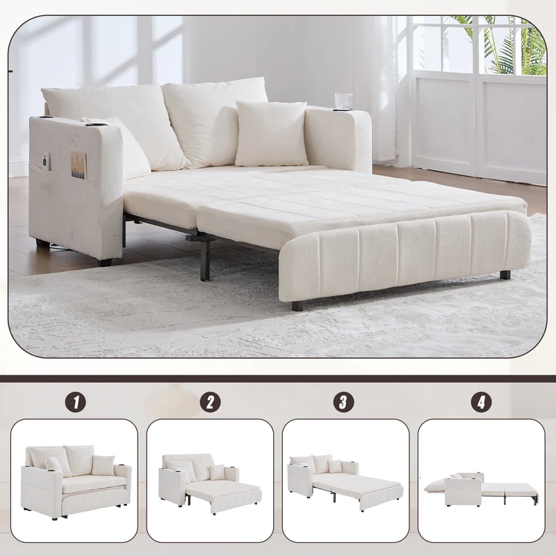 Canapé convertible 2-place en tissu chenille beige, 139x83x58cm, avec rangement, USB et porte-gobelet QUASARLIRA