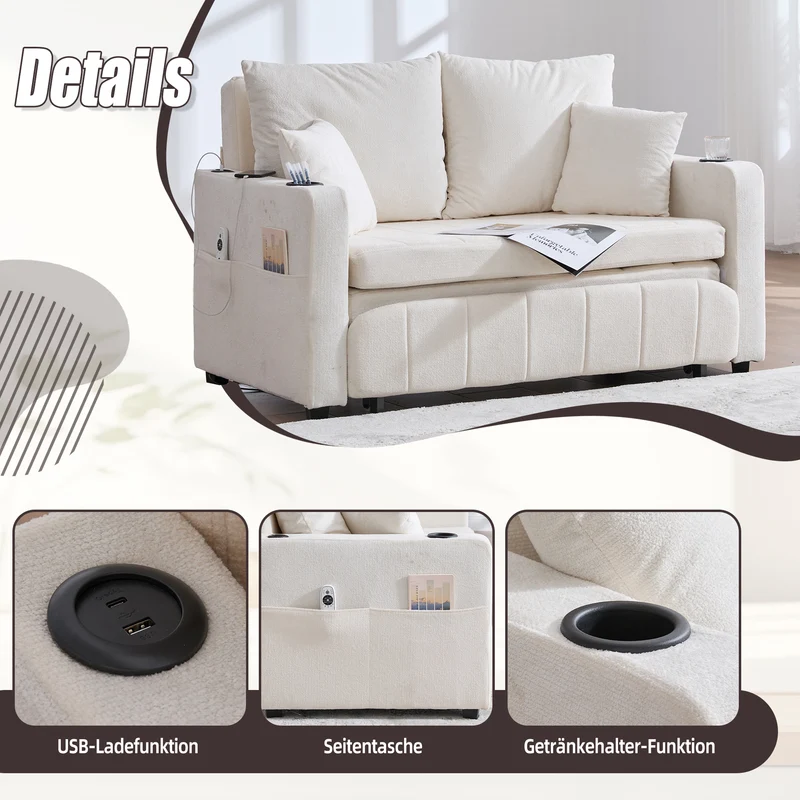 Canapé convertible 2-place en tissu chenille beige, 139x83x58cm, avec rangement, USB et porte-gobelet QUASARLIRA