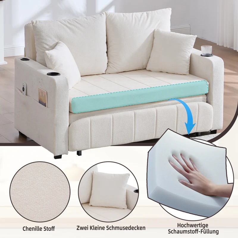 Canapé convertible 2-place en tissu chenille beige, 139x83x58cm, avec rangement, USB et porte-gobelet QUASARLIRA