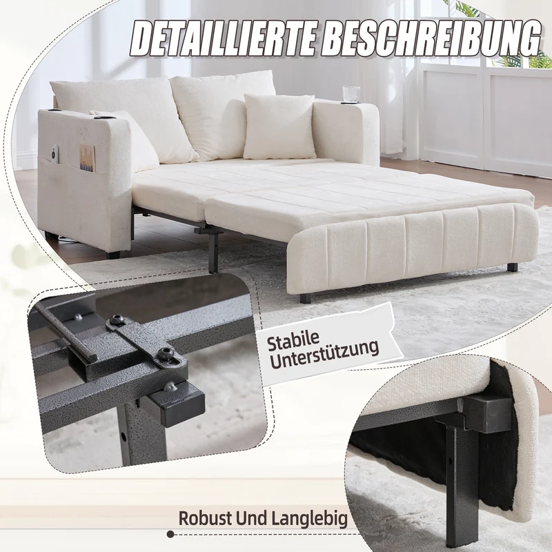 Canapé convertible 2-place en tissu chenille beige, 139x83x58cm, avec rangement, USB et porte-gobelet QUASARLIRA