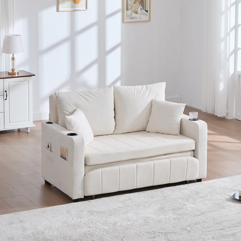 Canapé convertible 2-place en tissu chenille beige, 139x83x58cm, avec rangement, USB et porte-gobelet QUASARLIRA