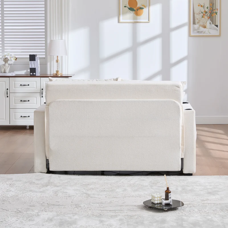 Canapé convertible 2-place en tissu chenille beige, 139x83x58cm, avec rangement, USB et porte-gobelet QUASARLIRA
