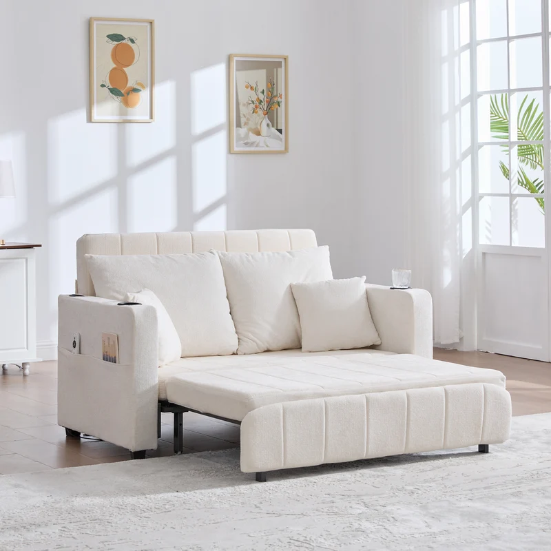 Canapé convertible 2-place en tissu chenille beige, 139x83x58cm, avec rangement, USB et porte-gobelet QUASARLIRA