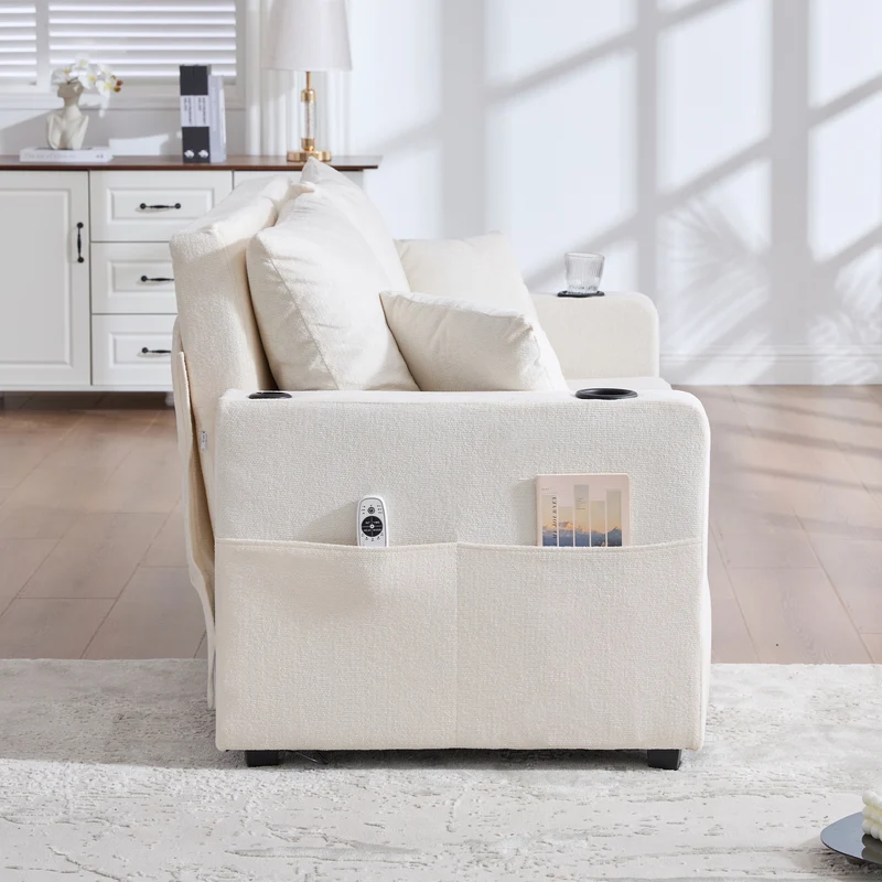 Canapé convertible 2-place en tissu chenille beige, 139x83x58cm, avec rangement, USB et porte-gobelet QUASARLIRA