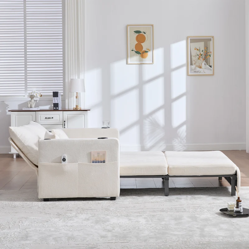 Canapé convertible 2-place en tissu chenille beige, 139x83x58cm, avec rangement, USB et porte-gobelet QUASARLIRA
