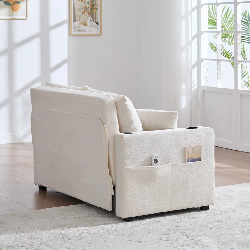 Canapé convertible 2-place en tissu chenille beige, 139x83x58cm, avec rangement, USB et porte-gobelet QUASARLIRA