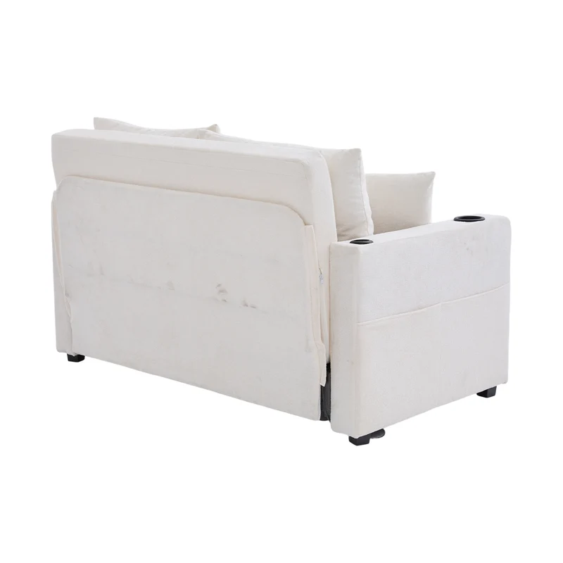 Canapé convertible 2-place en tissu chenille beige, 139x83x58cm, avec rangement, USB et porte-gobelet QUASARLIRA