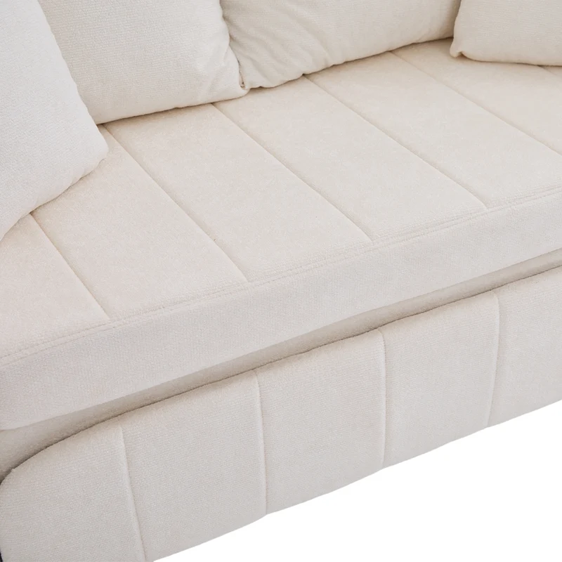 Canapé convertible 2-place en tissu chenille beige, 139x83x58cm, avec rangement, USB et porte-gobelet QUASARLIRA
