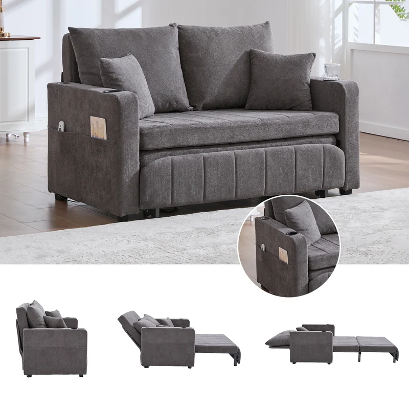 Canapé convertible 2-place en tissu chenille gris avec rangement, USB et porte-gobelet, 139x83x58cm QUASARVORN