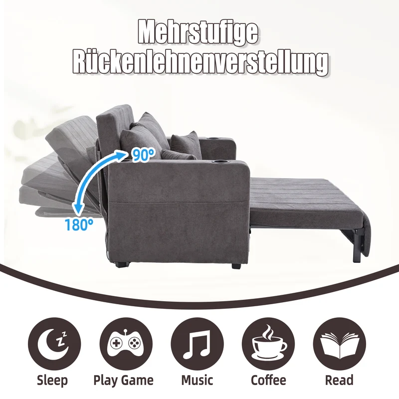 Canapé convertible 2-place en tissu chenille gris avec rangement, USB et porte-gobelet, 139x83x58cm QUASARVORN