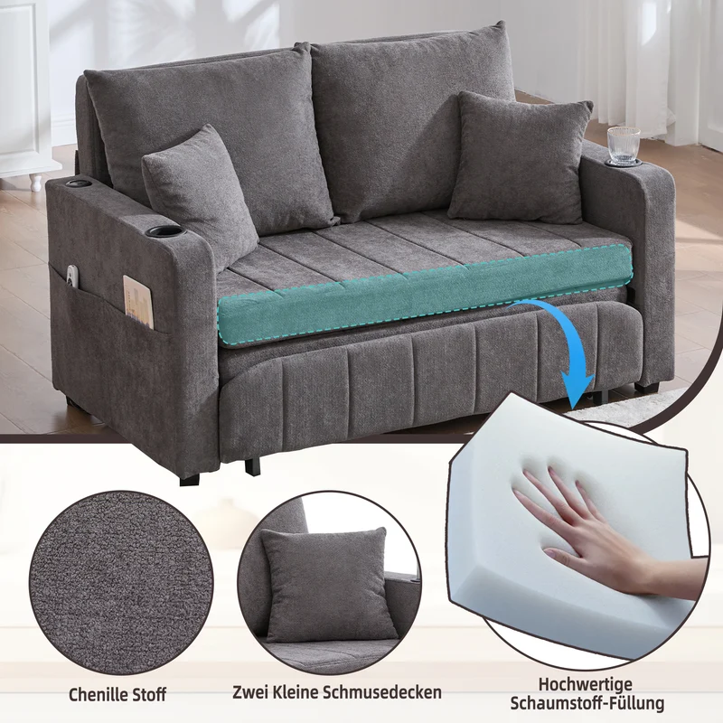 Canapé convertible 2-place en tissu chenille gris avec rangement, USB et porte-gobelet, 139x83x58cm QUASARVORN