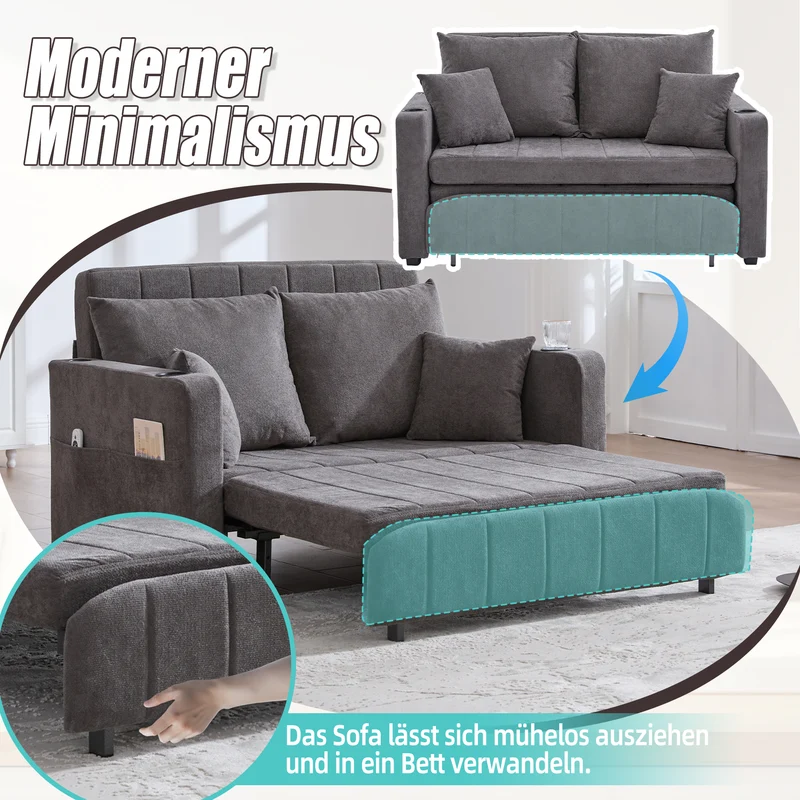 Canapé convertible 2-place en tissu chenille gris avec rangement, USB et porte-gobelet, 139x83x58cm QUASARVORN