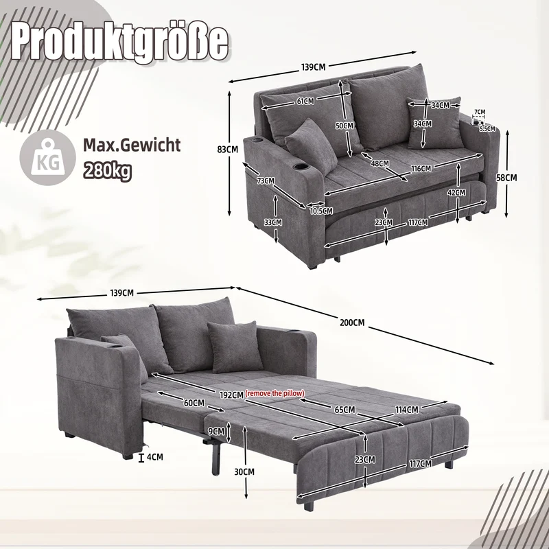 Canapé convertible 2-place en tissu chenille gris avec rangement, USB et porte-gobelet, 139x83x58cm QUASARVORN
