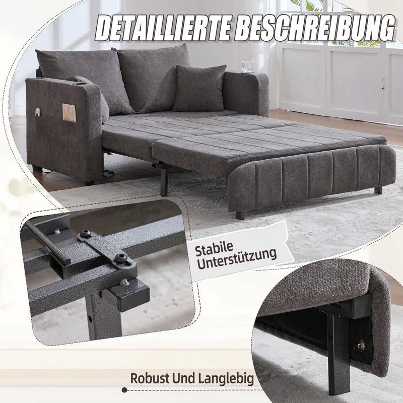 Canapé convertible 2-place en tissu chenille gris avec rangement, USB et porte-gobelet, 139x83x58cm QUASARVORN