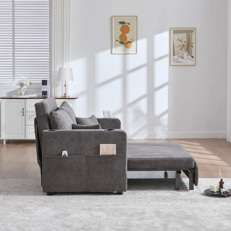 Canapé convertible 2-place en tissu chenille gris avec rangement, USB et porte-gobelet, 139x83x58cm QUASARVORN