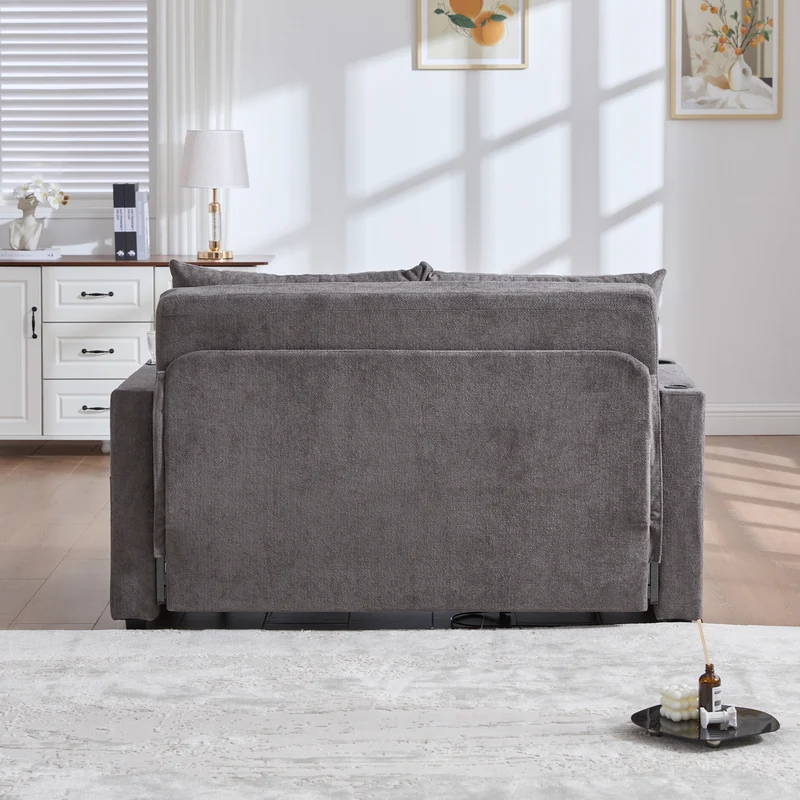 Canapé convertible 2-place en tissu chenille gris avec rangement, USB et porte-gobelet, 139x83x58cm QUASARVORN