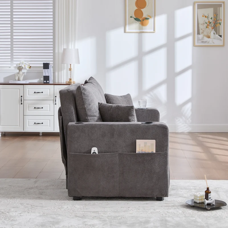 Canapé convertible 2-place en tissu chenille gris avec rangement, USB et porte-gobelet, 139x83x58cm QUASARVORN