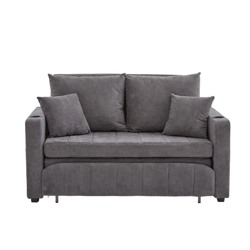 Canapé convertible 2-place en tissu chenille gris avec rangement, USB et porte-gobelet, 139x83x58cm QUASARVORN