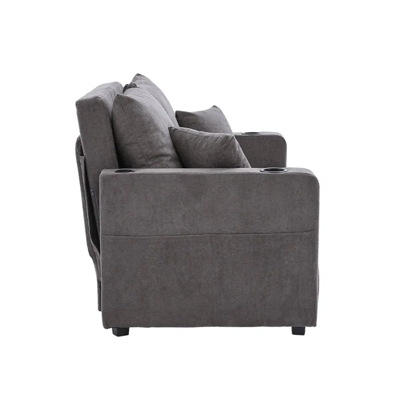 Canapé convertible 2-place en tissu chenille gris avec rangement, USB et porte-gobelet, 139x83x58cm QUASARVORN