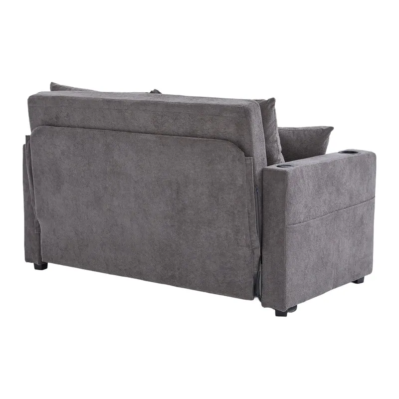 Canapé convertible 2-place en tissu chenille gris avec rangement, USB et porte-gobelet, 139x83x58cm QUASARVORN