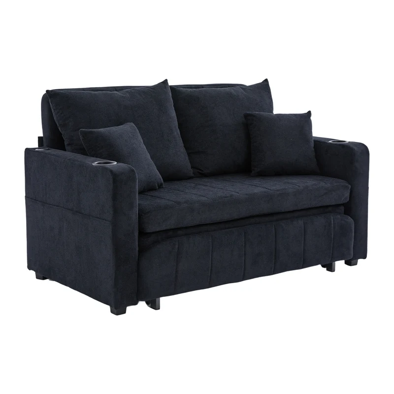 Canapé convertible 2-place en tissu chenille noir avec rangement, USB et porte-gobelet, 139x83x58cm QUASARONYX