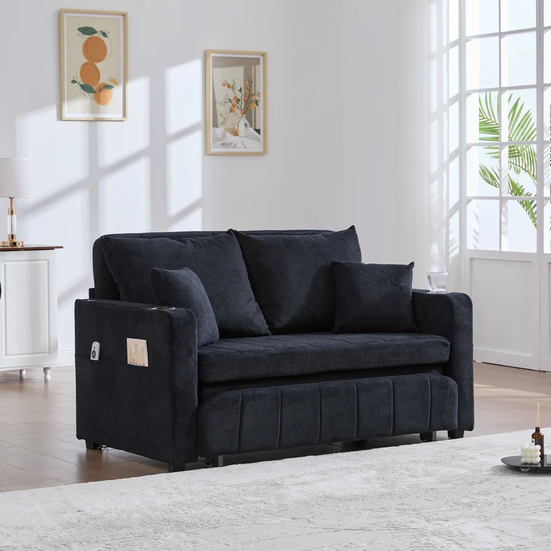 Canapé convertible 2-place en tissu chenille noir avec rangement, USB et porte-gobelet, 139x83x58cm QUASARONYX