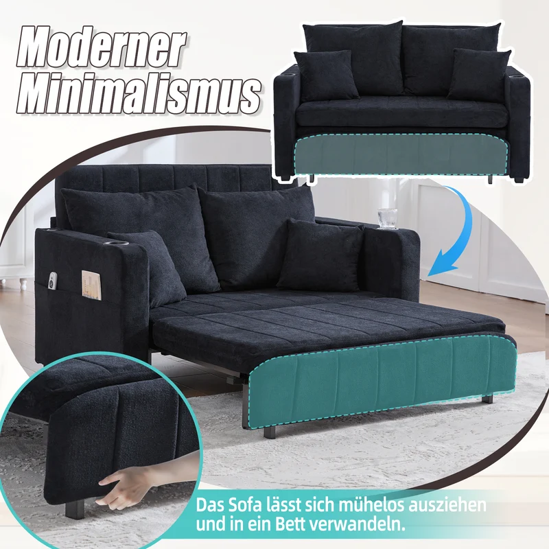 Canapé convertible 2-place en tissu chenille noir avec rangement, USB et porte-gobelet, 139x83x58cm QUASARONYX