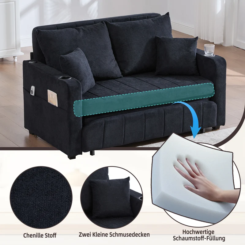 Canapé convertible 2-place en tissu chenille noir avec rangement, USB et porte-gobelet, 139x83x58cm QUASARONYX