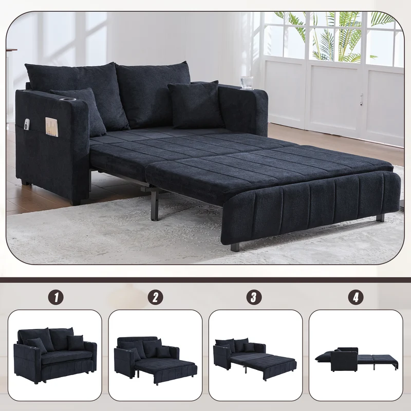 Canapé convertible 2-place en tissu chenille noir avec rangement, USB et porte-gobelet, 139x83x58cm QUASARONYX