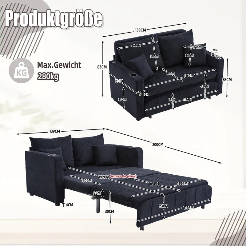 Canapé convertible 2-place en tissu chenille noir avec rangement, USB et porte-gobelet, 139x83x58cm QUASARONYX
