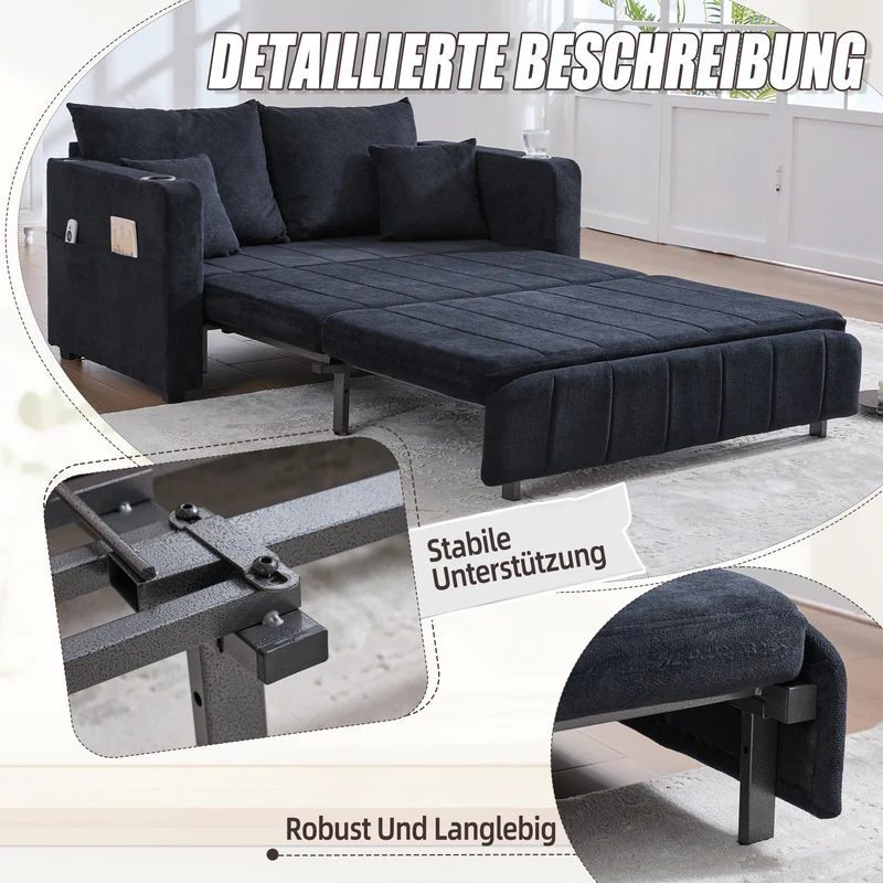 Canapé convertible 2-place en tissu chenille noir avec rangement, USB et porte-gobelet, 139x83x58cm QUASARONYX