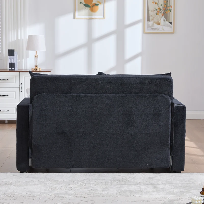 Canapé convertible 2-place en tissu chenille noir avec rangement, USB et porte-gobelet, 139x83x58cm QUASARONYX