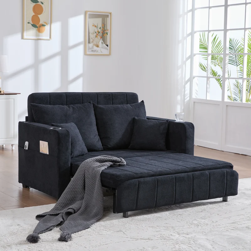 Canapé convertible 2-place en tissu chenille noir avec rangement, USB et porte-gobelet, 139x83x58cm QUASARONYX