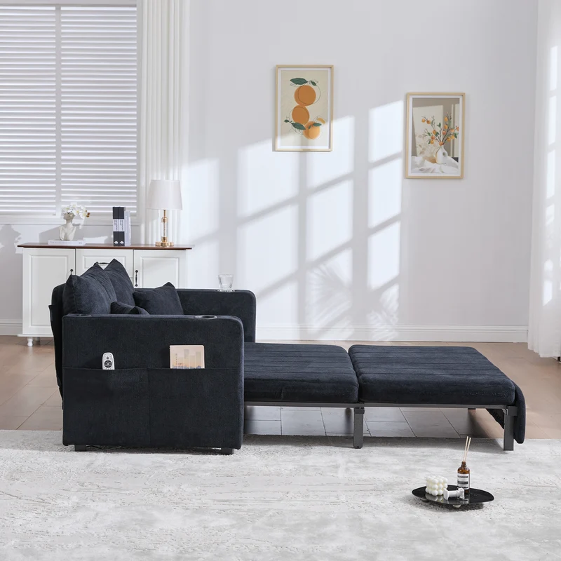 Canapé convertible 2-place en tissu chenille noir avec rangement, USB et porte-gobelet, 139x83x58cm QUASARONYX
