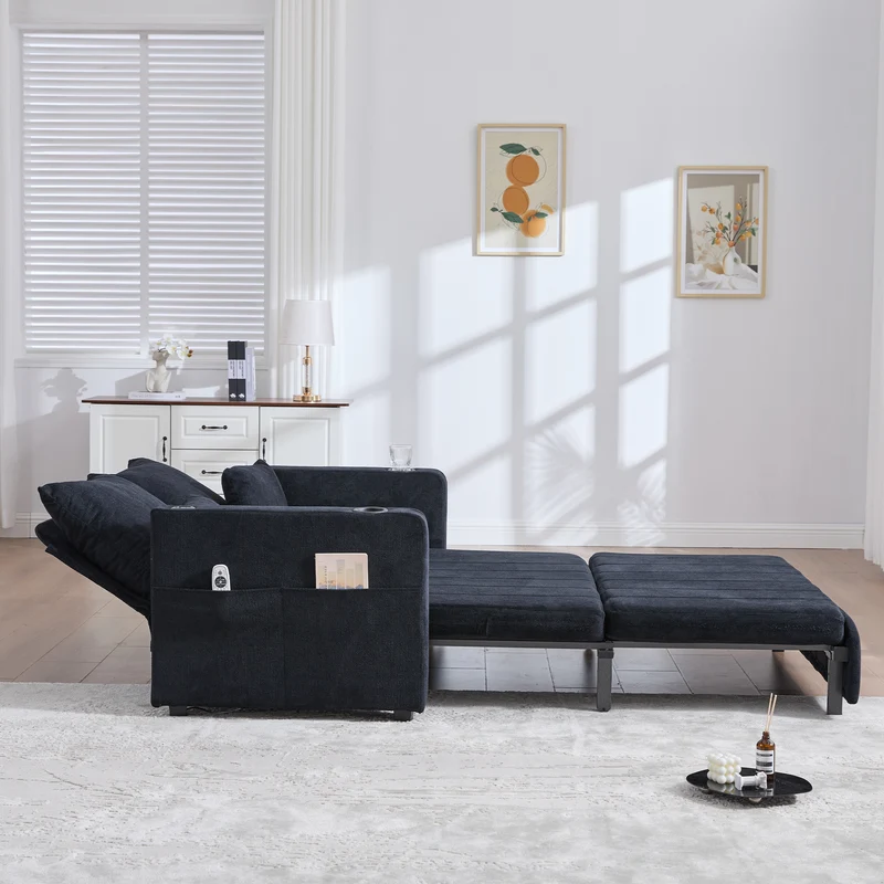Canapé convertible 2-place en tissu chenille noir avec rangement, USB et porte-gobelet, 139x83x58cm QUASARONYX