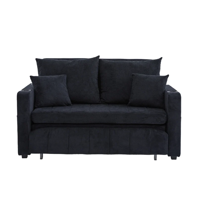 Canapé convertible 2-place en tissu chenille noir avec rangement, USB et porte-gobelet, 139x83x58cm QUASARONYX