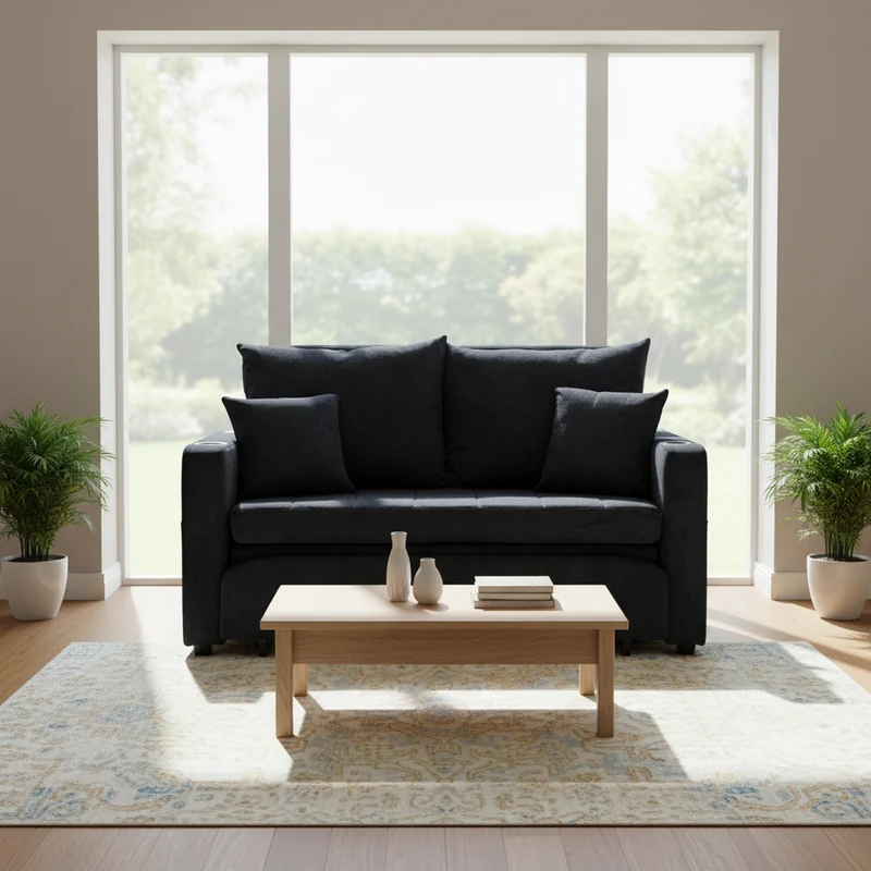Canapé convertible 2-place en tissu chenille noir avec rangement, USB et porte-gobelet, 139x83x58cm QUASARONYX