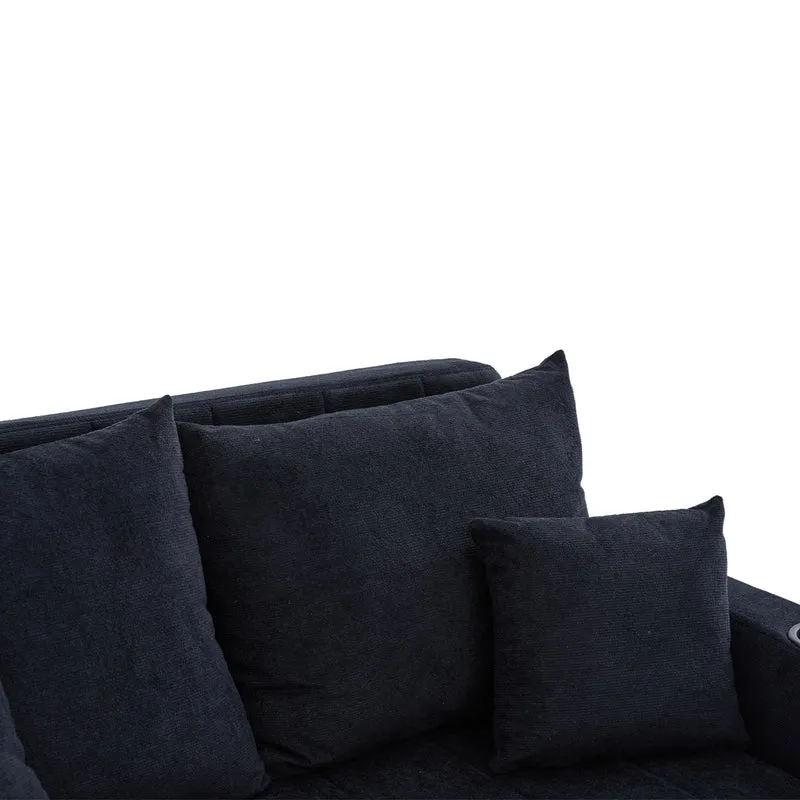 Canapé convertible 2-place en tissu chenille noir avec rangement, USB et porte-gobelet, 139x83x58cm QUASARONYX