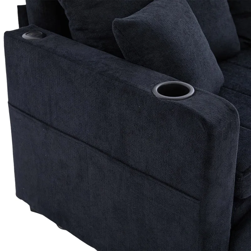 Canapé convertible 2-place en tissu chenille noir avec rangement, USB et porte-gobelet, 139x83x58cm QUASARONYX