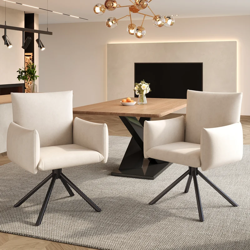 Lot de 2 chaises de salle à manger pivotantes 360° en velours beige dossier, pieds en métal noir NEXUSVEX