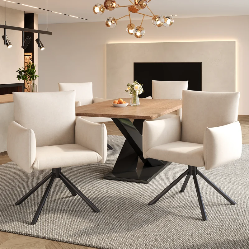Lot de 2 chaises de salle à manger pivotantes 360° en velours beige dossier, pieds en métal noir NEXUSVEX