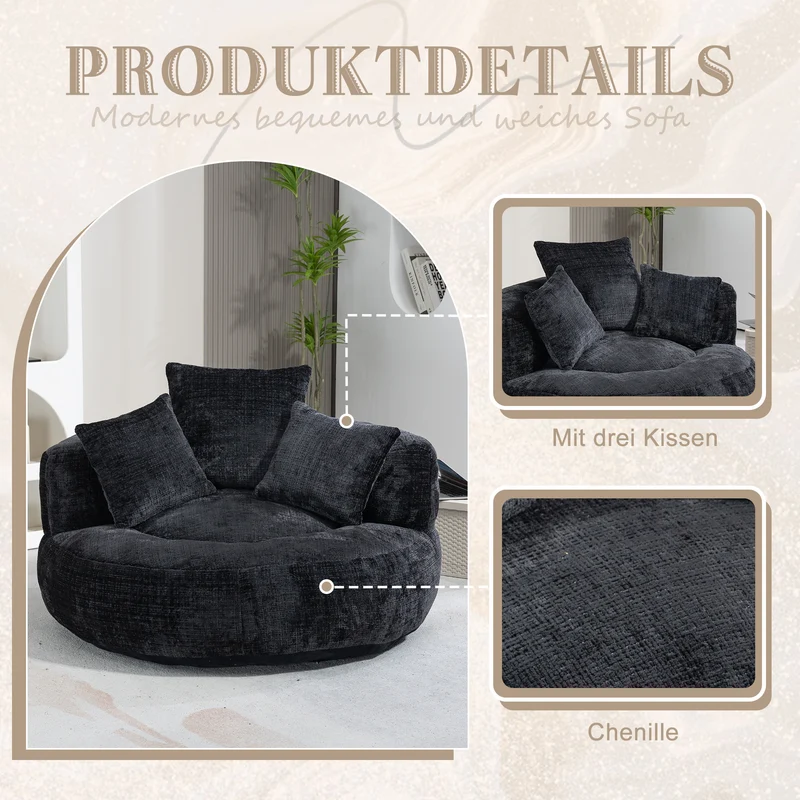 Canapé chauffeuse fauteuil rond en velours chenille noir fauteuil lounge Lazy Sofa FLARENYX