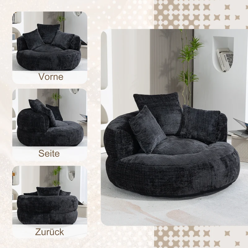 Canapé chauffeuse fauteuil rond en velours chenille noir fauteuil lounge Lazy Sofa FLARENYX